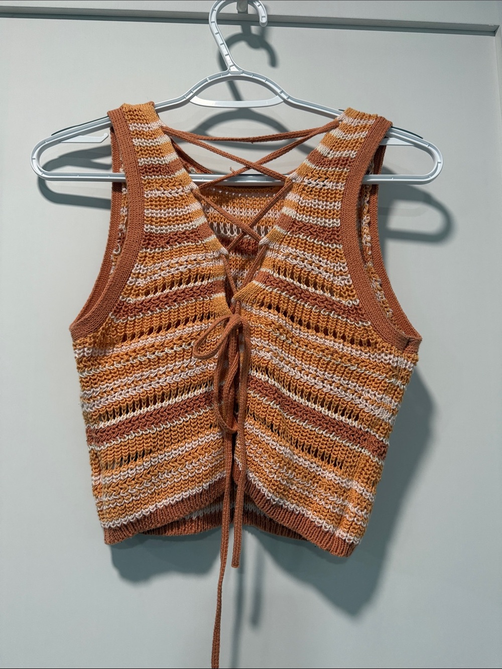 American Eagle Outfitters Orange and Cream Striped Knit Lace-Up Tank